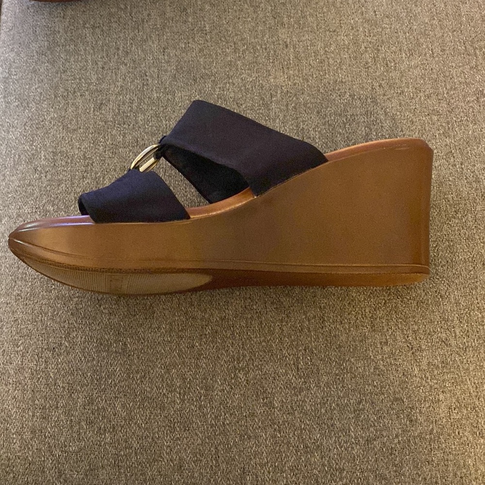Italian Shoemakers Black Nylon Brass And Leather Wedge Sandal Womens Size 9 - Picture 4 of 15